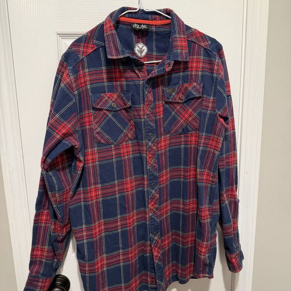 YeYe Men’s L Plaid Flannel Shirt Blue Red Snap Front Western Heavy Cotton